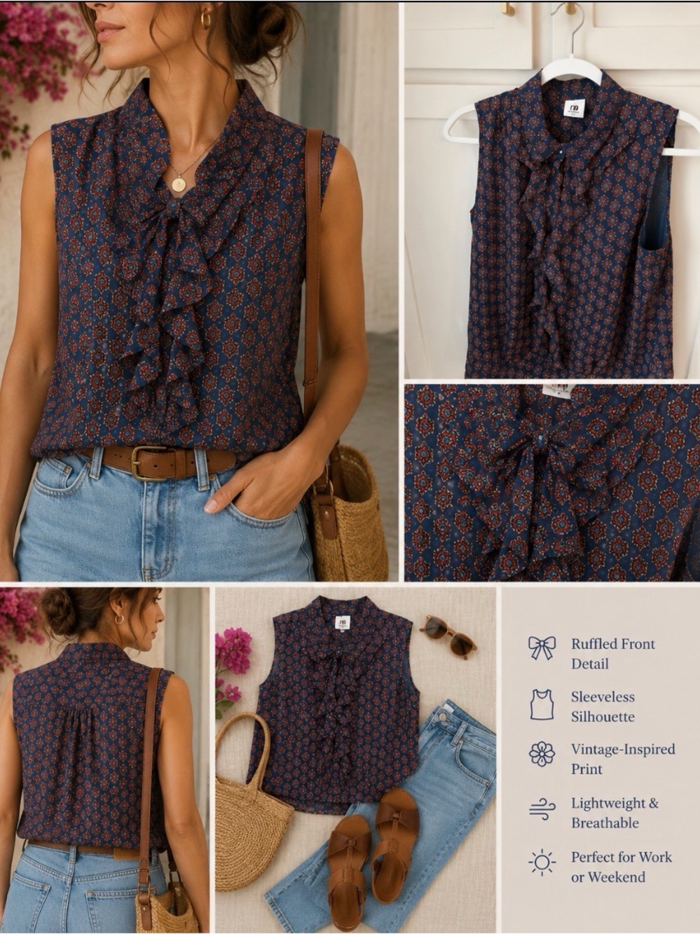 Cabi Ruffle Sleeveless Printed Blouse Blue Orange Medium